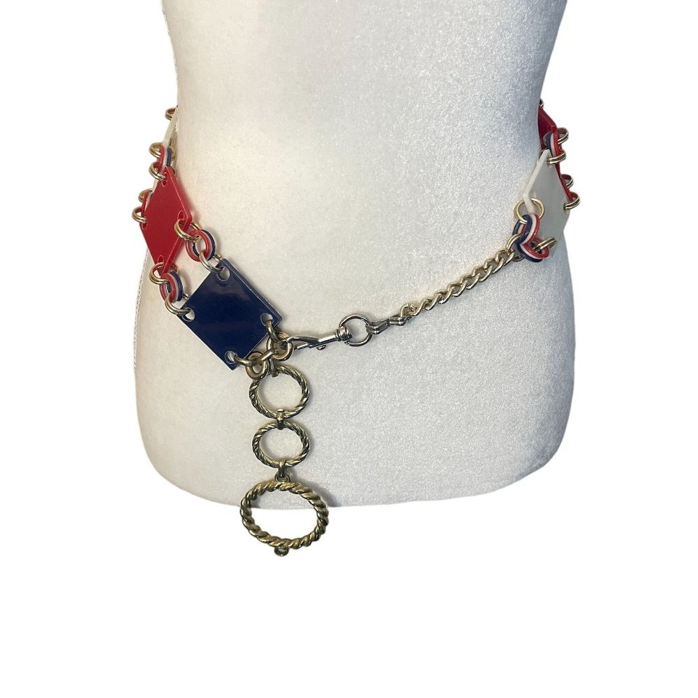 Vintage Nautical Geometric Square Gold Chain Belt Red White Blue